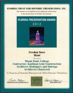 Award certificate for Florida Preservation Award 2012.