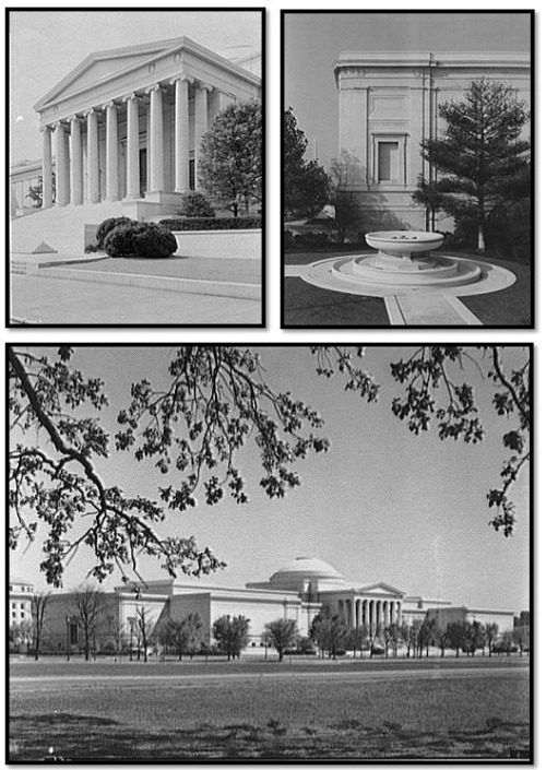 Neoclassical buildings with columns and surrounding trees.